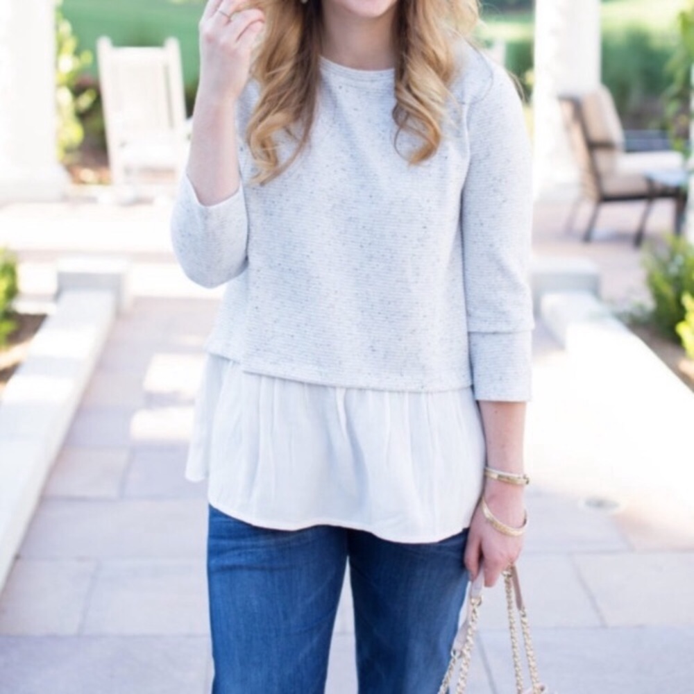 LOFT Mixed Media Ribbed Layered Peplum Top Blouse - Picture 3 of 8